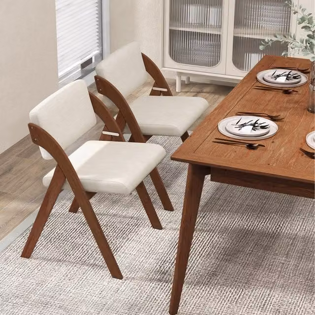 Costway Set of 2 Folding Dining Chairs in Brown and White with Rubberwood and Fabric