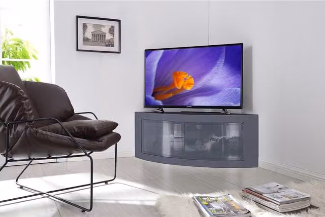 Pangea Beam-Thru Curved Tru-Corner TV Stand in Grey and Black with Glass Media Compartments