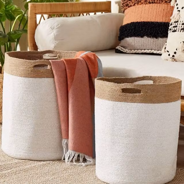 Wyld and Coco Set of 2 Woven Cotton and Jute Storage Baskets in White and Light Beige