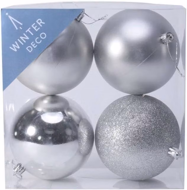 KDMD Silver Shatterproof Round Christmas Baubles, 2 Pack of 4, Diameter: 10 cm