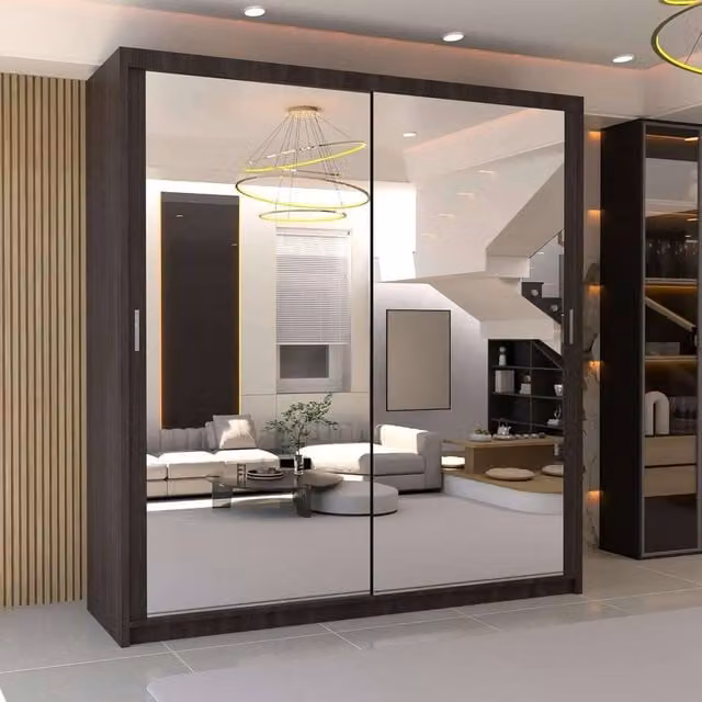 MN Furniture Double Mirror Sliding Door Wardrobe in Brown, W: 120 cm, H: 217 cm