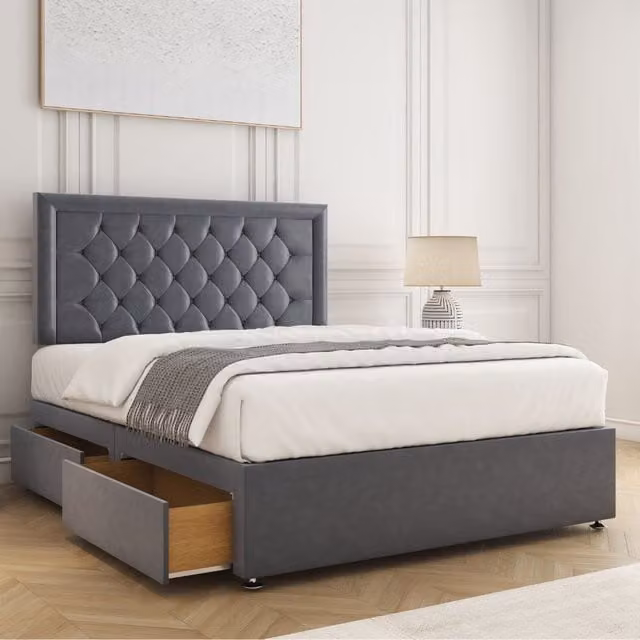 BSSPOKE Nova Plush Velvet Divan Bed Set with 24 inch Headboard, 4 Drawers and Mattress in Charcoal Grey, W/D/H: 140 x 200 cm