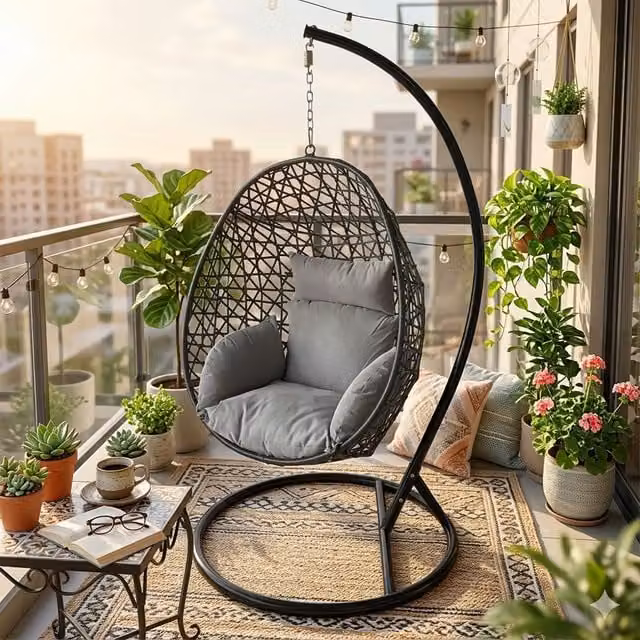 Alivio Grey Rattan Weave Hanging Egg Chair with Cushions and Powder Coated Steel Stand for Indoor and Outdoor Use