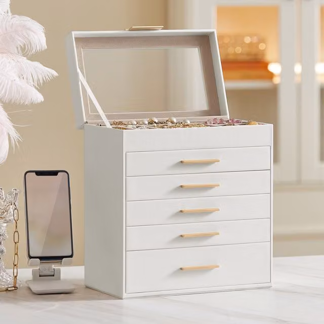 SONGMICS 6-Tier Jewellery Box with Glass Lid in White and Gold