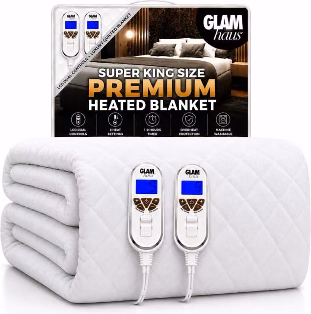 Glamhaus White Super King Heated Fitted Mattress Cover Electric Blanket W/D/H: 180 x 200 cm