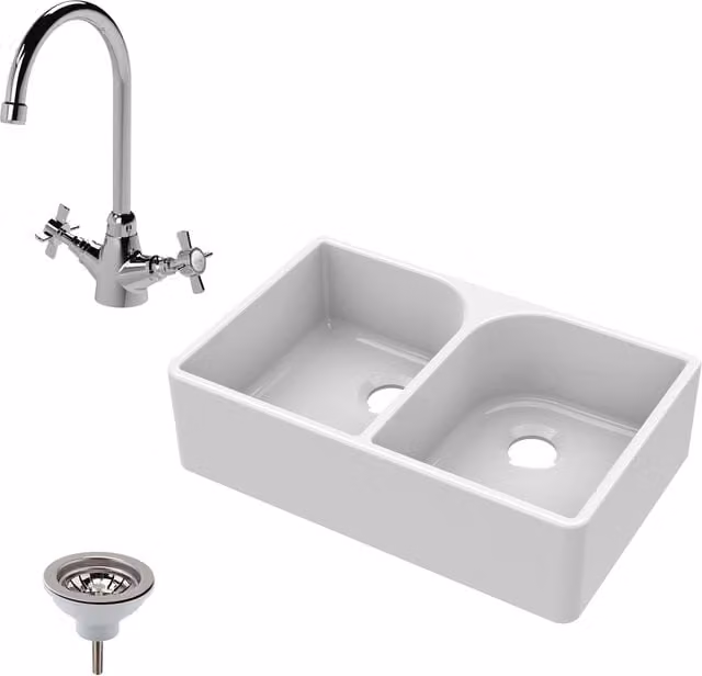 Balterley White Ceramic 2 Bowl Full Weir Butler Sink Tap and Waste Bundle, Width: 79.5 cm