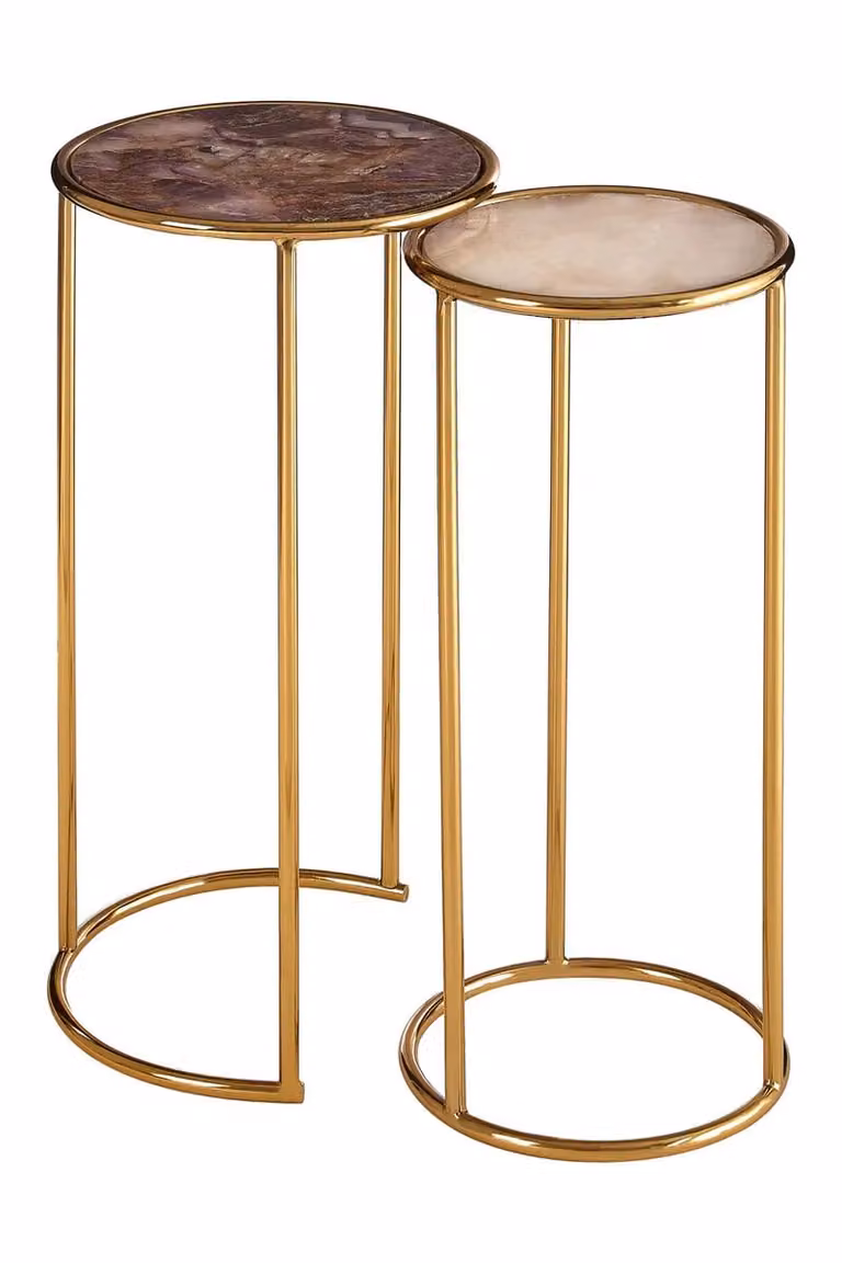 Orsina Set of 2 Nesting Side Tables with Natural Amethyst Stone Tops and Gold Frame Finish