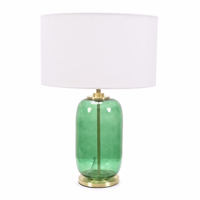 ValueLights Leigh Forest Green Glass Table Lamp with Gold Trim and White Fabric Drum Shade