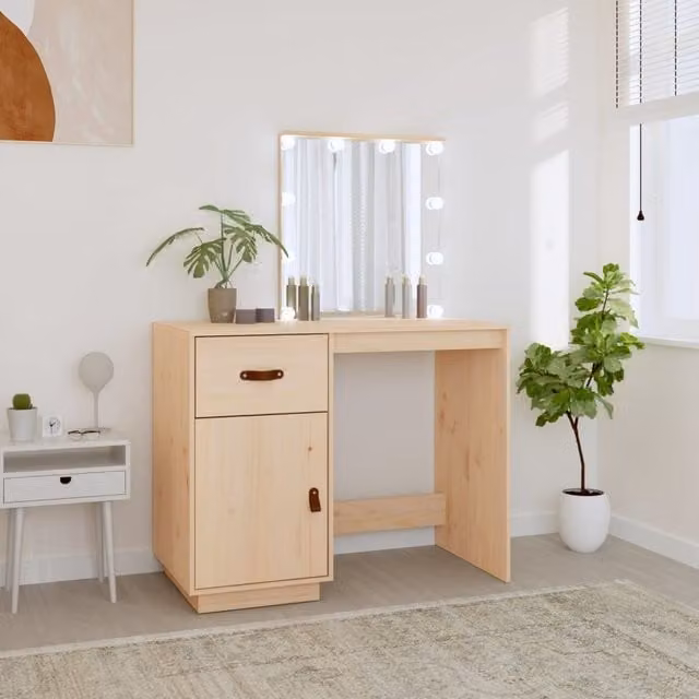 Berkfield Home Rustic Solid Wood Pine Dressing Table with Hollywood LED in Brown, W: 95 cm, D: 50 cm, H: 133.5 cm