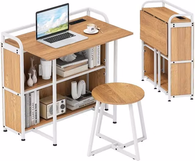VOGREX Computer Desk and Stool Set with Storage Shelves in Brown Rustic Wood and Metal, W: 90 cm