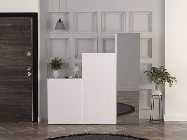 TELEZA Vente-unique Modular 3-Door Wardrobe with Mirror in White, W: 180 cm, H: 158.6 cm, D: 35 cm