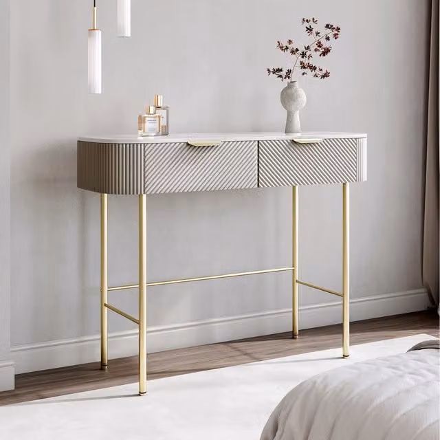 Carme Modern Rectangular Dressing Table in Brown, Gold and White