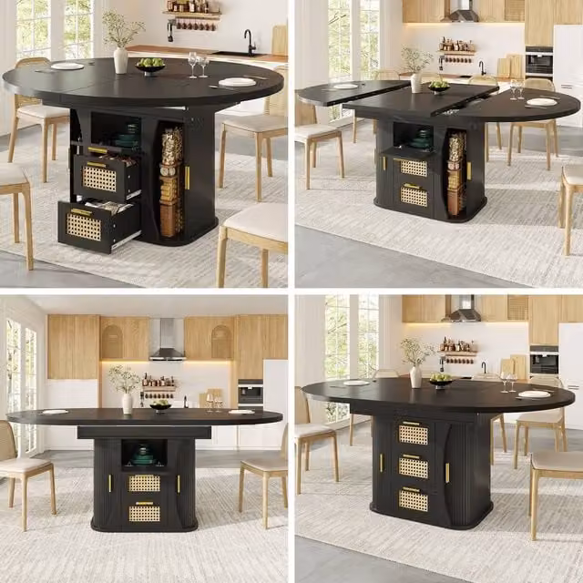 BTM Extendable Wooden Dining Table with Storage Drawers in Black, W/D/H: 118 x 77.1 x 75 cm