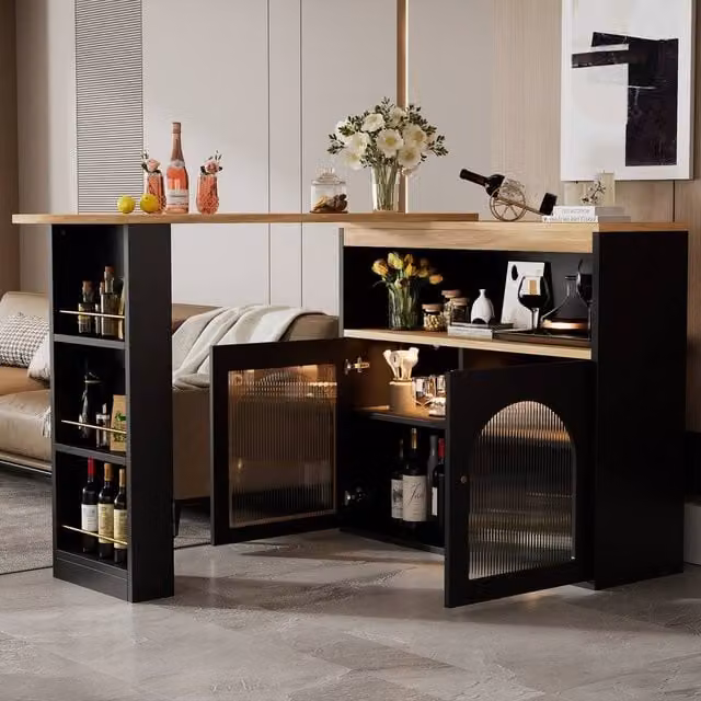 BTM Extendable Kitchen Island Table with Rotating Top and LED Lighting, Black, W/D/H: 138 x 105 x 39 cm