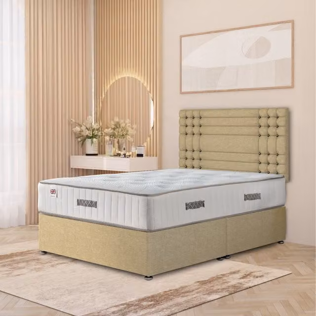 Somnior Beds Ltd Saville Linen Divan Bed Set with 32 inch Headboard and Orthopaedic Mattress, Beige, W/D/H: 90 x 190 x 76.2 cm