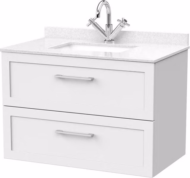 Balterley Stonnall Wall Mounted 2 Drawer Vanity Unit with Marble Top and Basin, Matt White, Width: 80 cm