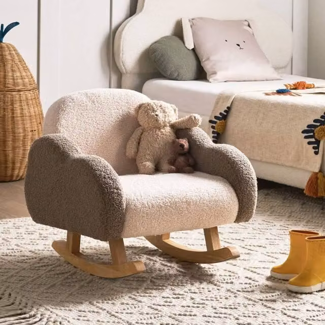 Wyld and Coco Kids Bouclé Rocking Chair in Beige with Cloud Armrests and Solid Rubberwood Legs