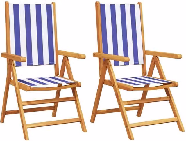 Berkfield Home Set of 2 Maritime Garden Chairs in Blue and White Acacia Wood with Fabric Cushions