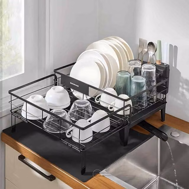 The Bazaarist Expandable Dish Drying Rack with Rotating Spout and Cutlery Holder, Black