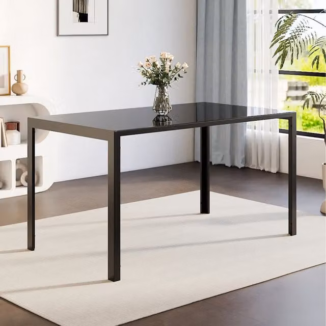 Komore Rectangular Minimalist Dining Table with Black Glossy Tempered Glass Top
