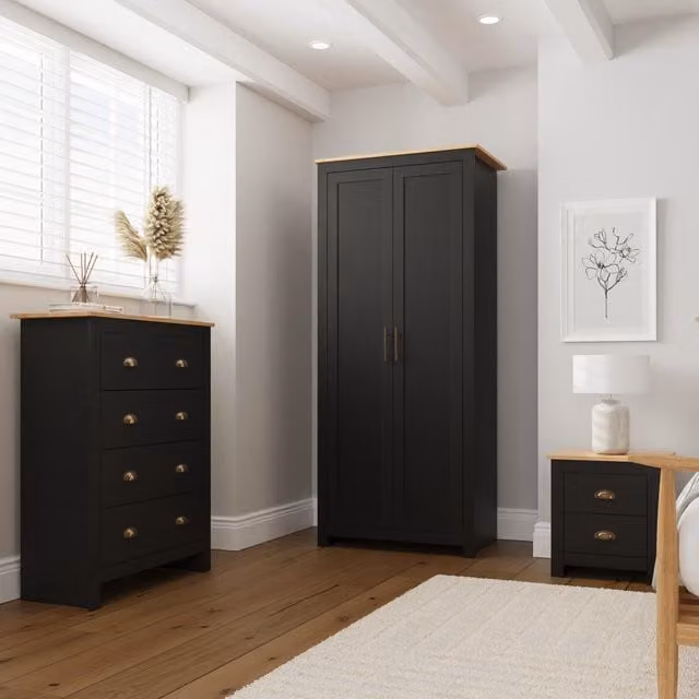 GFW Lancaster 3 Piece Modern Bedroom Set in Black Lacquered Oak Finish including Wardrobe, Chest of Drawers and Nightstand