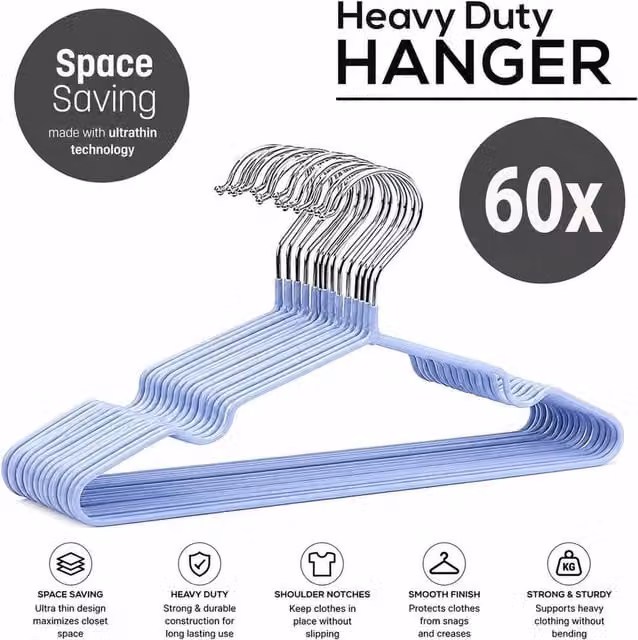 PAWNORA Space Saving Metal Wire Hangers, Blue, 60 Pack
