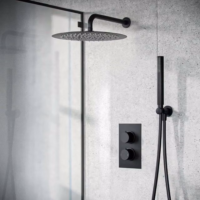Nes Home Temel Matte Black Round 300mm Shower Set with Handheld Spray and Thermostatic Mixer Valve
