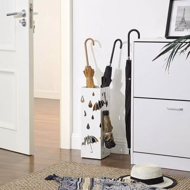 The Bazaarist Metal Umbrella Holder with Hooks and Removable Drip Tray, White