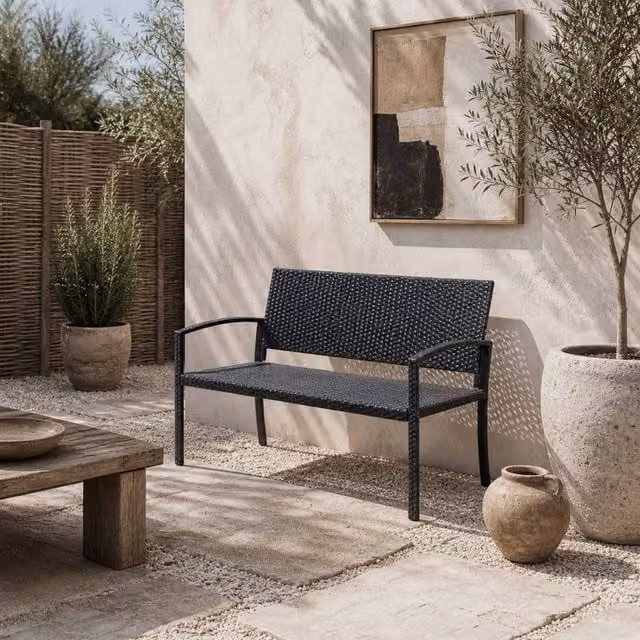 Wyld Haus Vasu Black Rattan 2 Seater Outdoor Garden Bench with Armrests