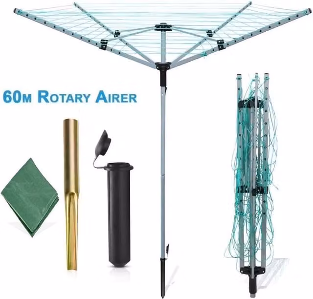 FLAVORA Heavy Duty 4 Arm Rotary Airer in Silver, UV Resistant Steel and Plastic, W/D/H: 100 x 15 x 100 cm