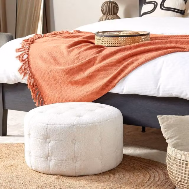Wyld and Coco White Bouclé Round Cylindrical Pouffe