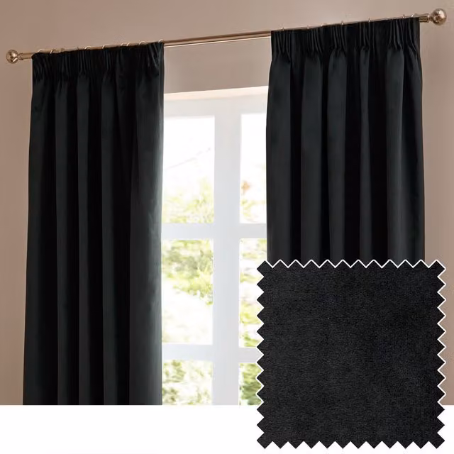 Make It A Home Black Velvet Opaque Pencil Pleat Curtain Pair, Width: 137 cm, Height: 117 cm