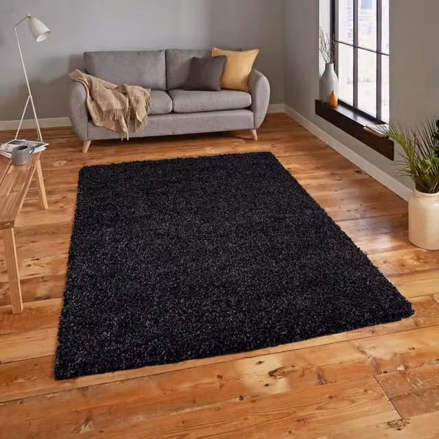 The Modern Rugs Everest Soft Fluffy Shaggy Rug in Black, Grey and Blue, W: 290 cm x D: 120 cm