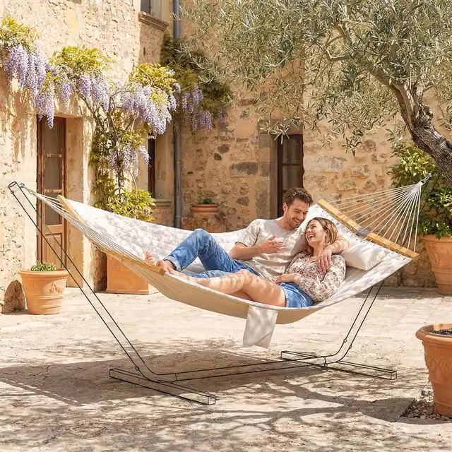 Outsunny Double Hammock 2-Person Padded Swing Bed with Stand in Beige and White