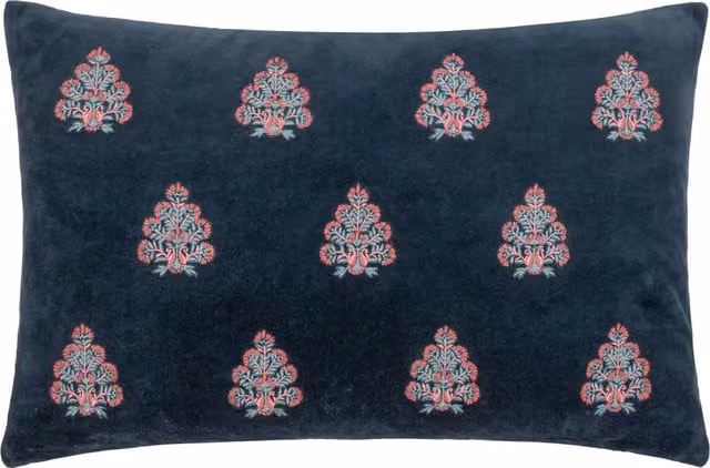 Paoletti 1973 Rennes Blue Floral Embroidered Rectangular Cushion in Polyester