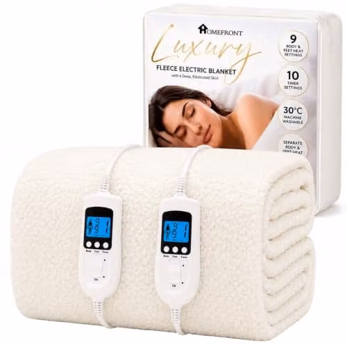 Homefront King Size Fleece Fitted Heated Mattress Cover Underblanket with Skirt, Dual Control, White, W/D/H: 152 x 203 x 40 cm