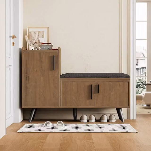 Matteo Modern Shoe Bench Storage Cabinet with Adjustable Shelves in Sand