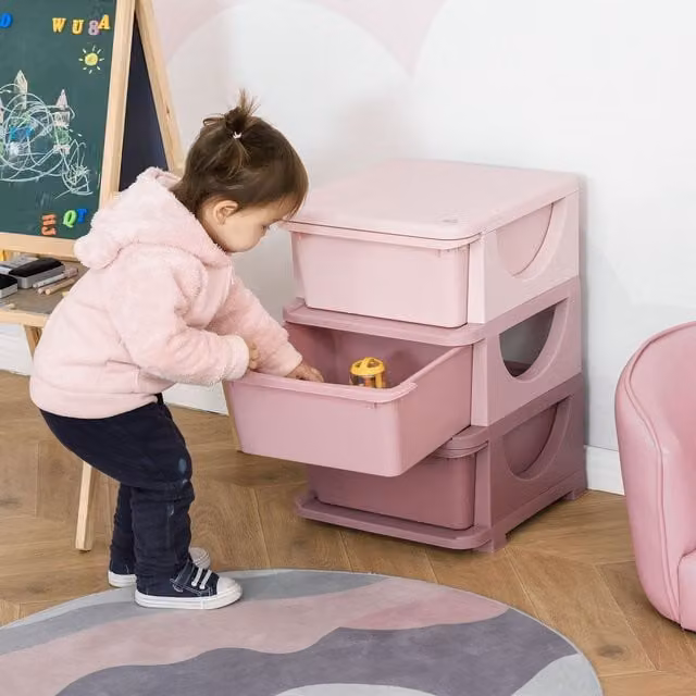 HOMCOM Kids Storage Unit with 3 Drawers, Pink Dresser Tower