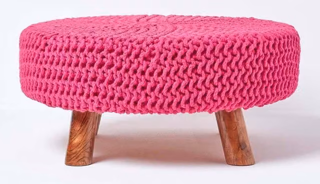 Homescapes Large Round Pink Cotton Knitted Footstool with Wood Legs