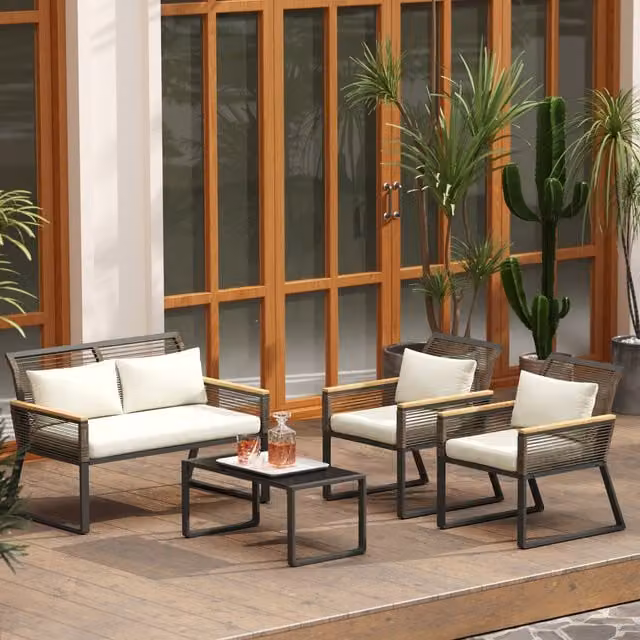 Outsunny 4 Piece Grey Rattan Garden Furniture Set with Upholstered Cushions, 2 Seater Sofa, 2 Armchairs and Coffee Table