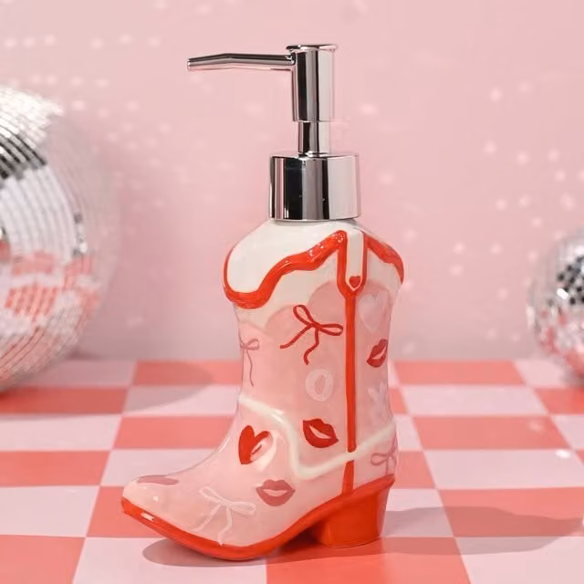 The Feel Good Club Cowboy Boot Ceramic Soap Dispenser in Pink, Silver and Multicolour