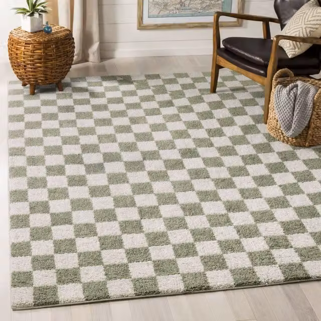 Livabliss Fossay Checkered Shag Washable Rug, Green, W: 200 cm, D: 275 cm