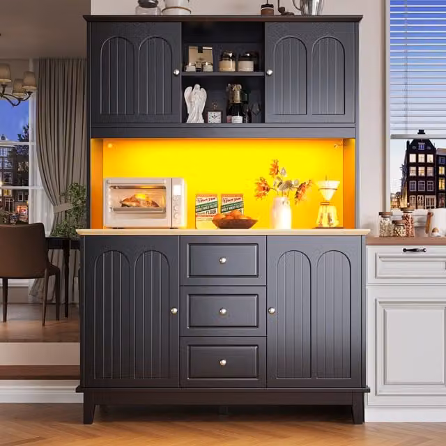 Aosom UK Tall Kitchen Sideboard Cabinet with App-Controlled LED Lighting and Open Display Shelf, Black, W: 120 cm, D: 40 cm, H: 180 cm
