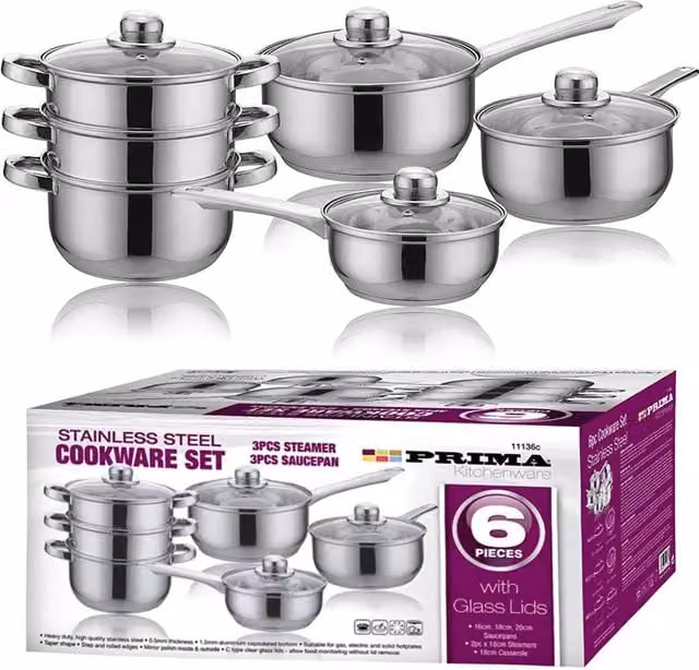 Prima 6-Piece Stainless Steel Cookware Set with Glass Lids in Silver