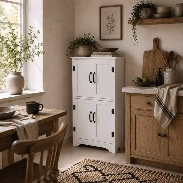 Wyld Haus Rifa White Tall Storage Cabinet with Four Hinged Doors and Internal Shelves, W/D/H: 60 x 30 x 123 cm