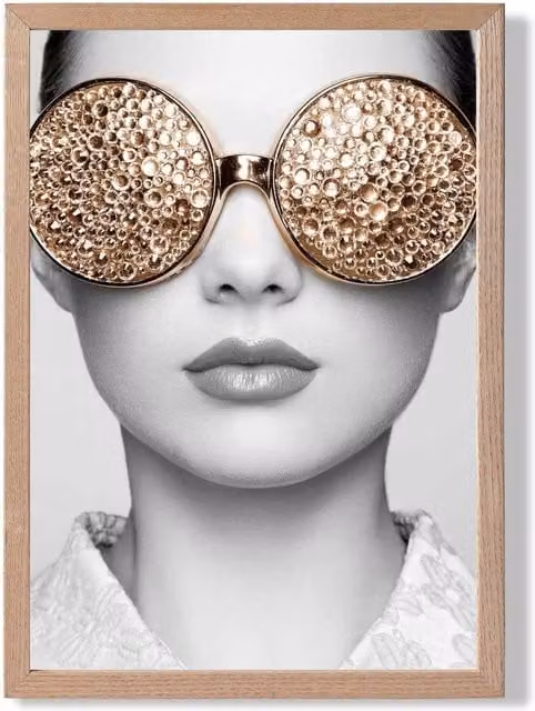 ARTZE Girl with Gold Bling Sunglasses Black and White Framed Photo Print with Oak Frame