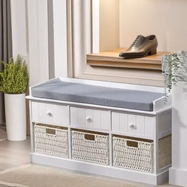 FURNOS Shoe Storage Bench with Cushioned Fabric Seat and 6 Drawers in White