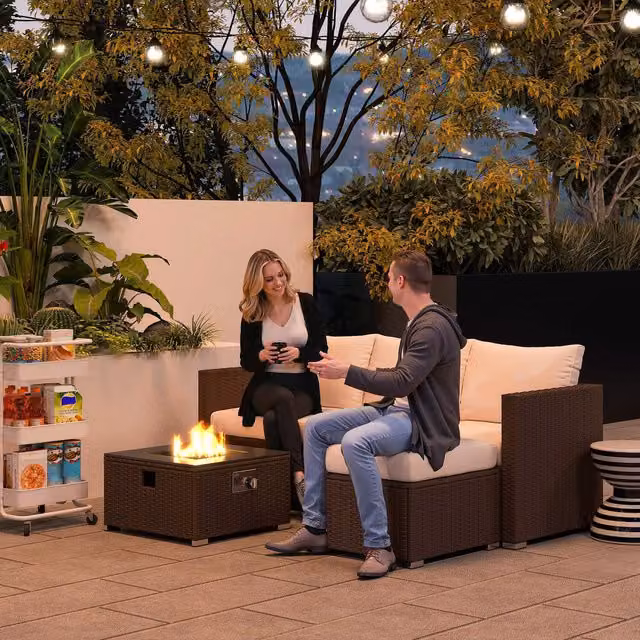 Outsunny Brown Rattan L-Shape Garden Furniture Set with Fire Pit Table, Ottoman, 2-Seater Sofa and Cushions
