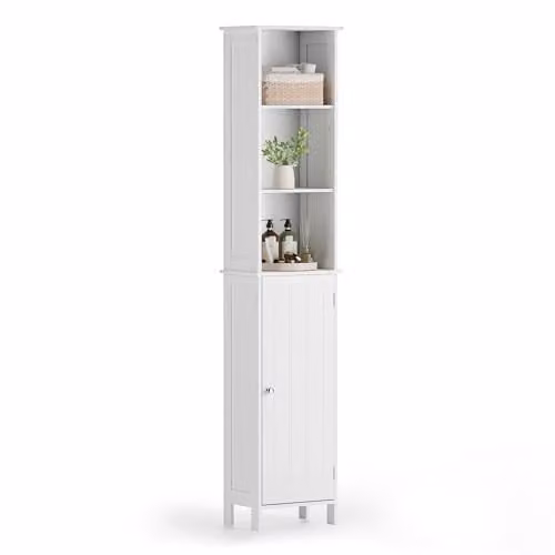 VonHaus Holbrook Tall White Freestanding Bathroom Storage Cabinet with 6 Shelves and Shaker Design, H 165.2 x W 34.0 x D 23.0 cm