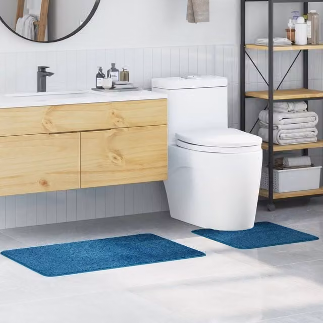 Berkfield Home 2 Piece Non-Slip Blue Microfibre Bath Mat Set